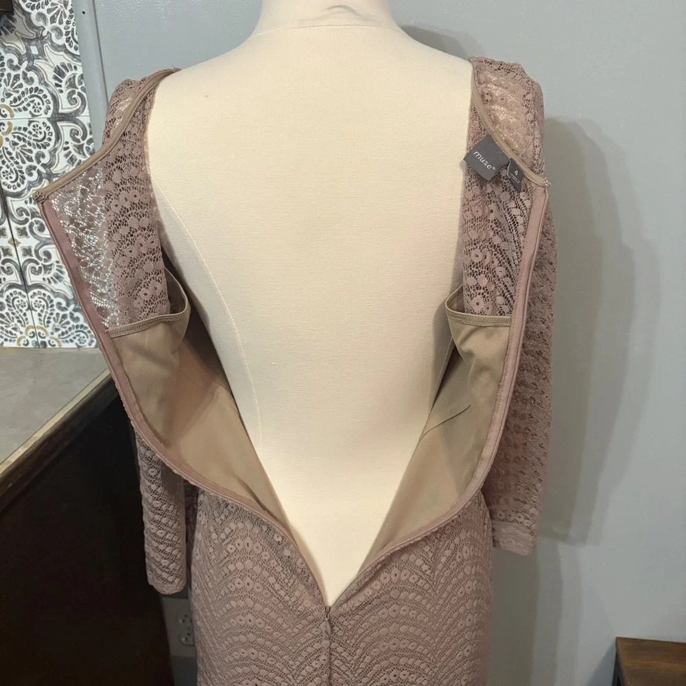 Muse Tan Taupe Lace 3/4 Sleeve Scoop Neck Lined Dress (Women's 4) - Picture 7 of 9